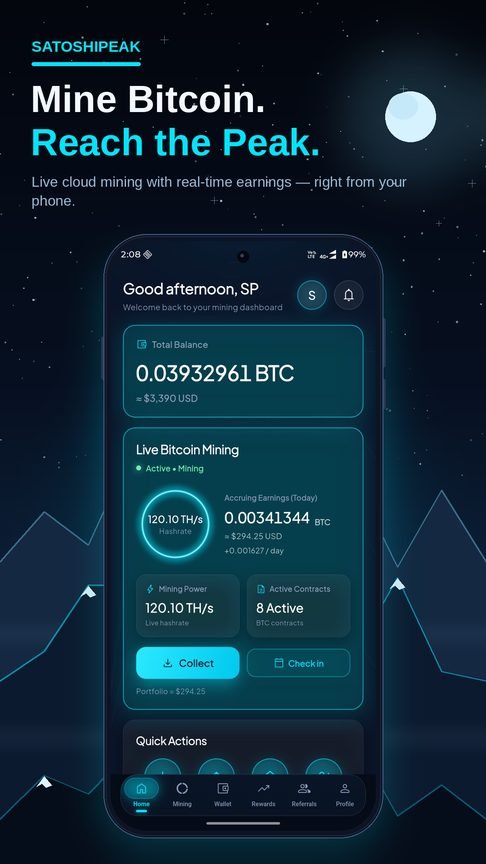 SatoshiPeak home dashboard with total balance and live Bitcoin mining
