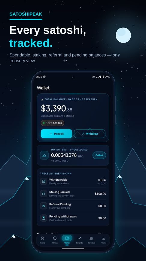 Wallet treasury with spendable, staking and referral balances