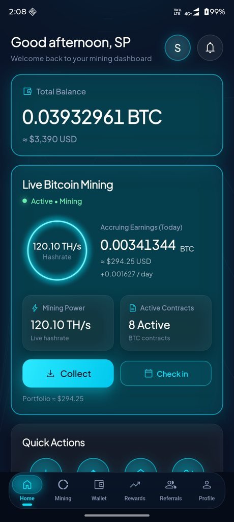 SatoshiPeak app home dashboard showing total BTC balance and live mining